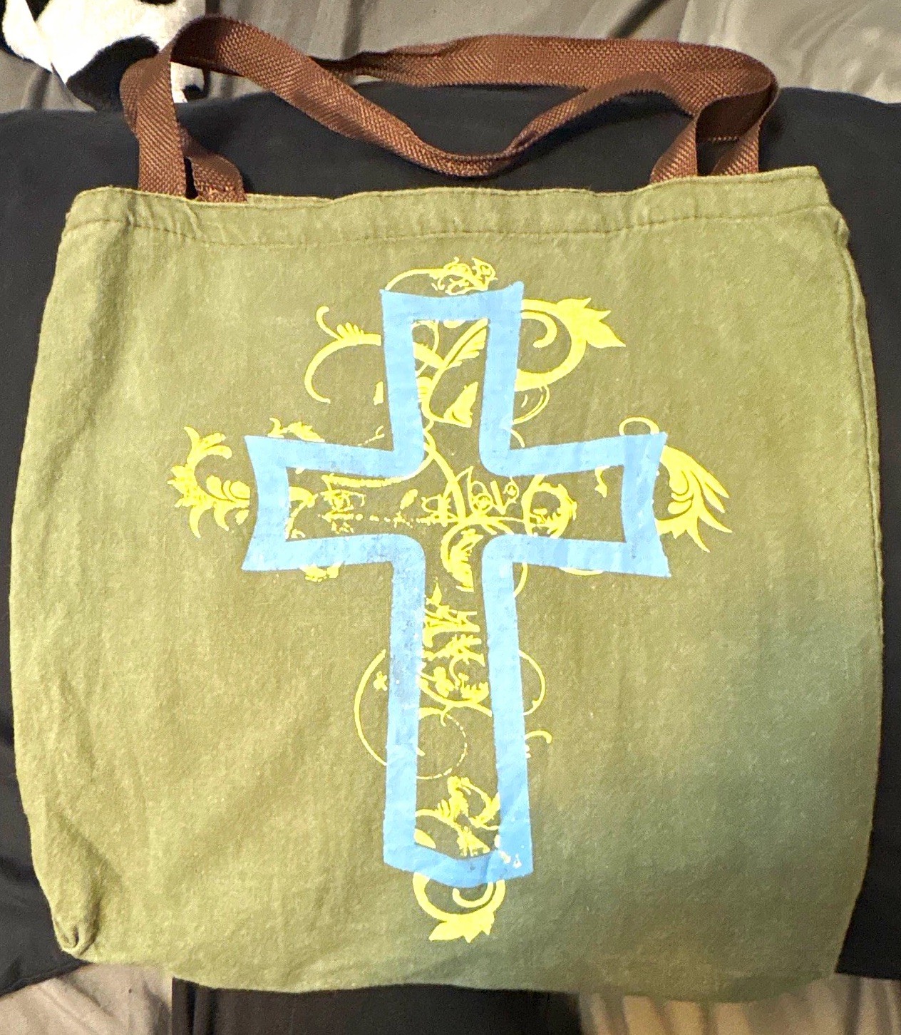 Green Large Shoulder Tote Bag w/ Shoulder Strap, Blue & Yellow Cross Graphic
