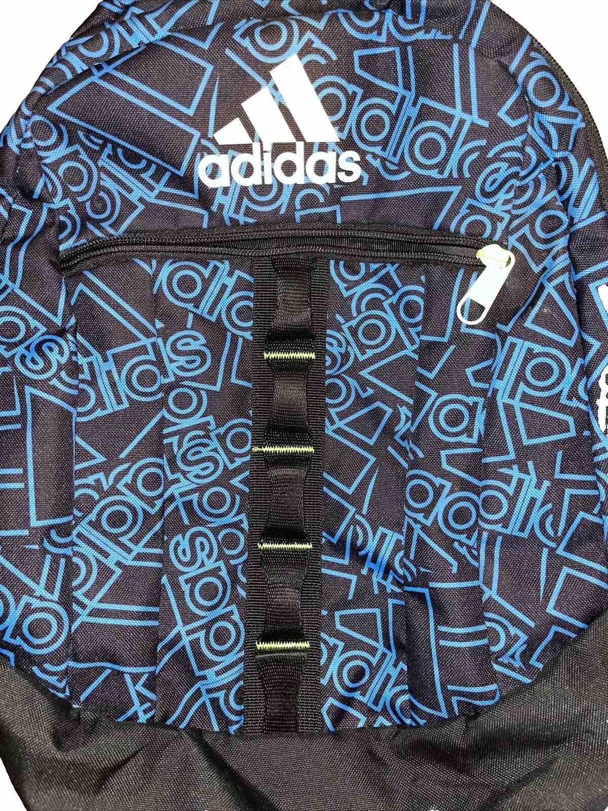 Adidas Stratton 3 Large Backpack Blue Black Logo Print Neon Yellow Accents Clean