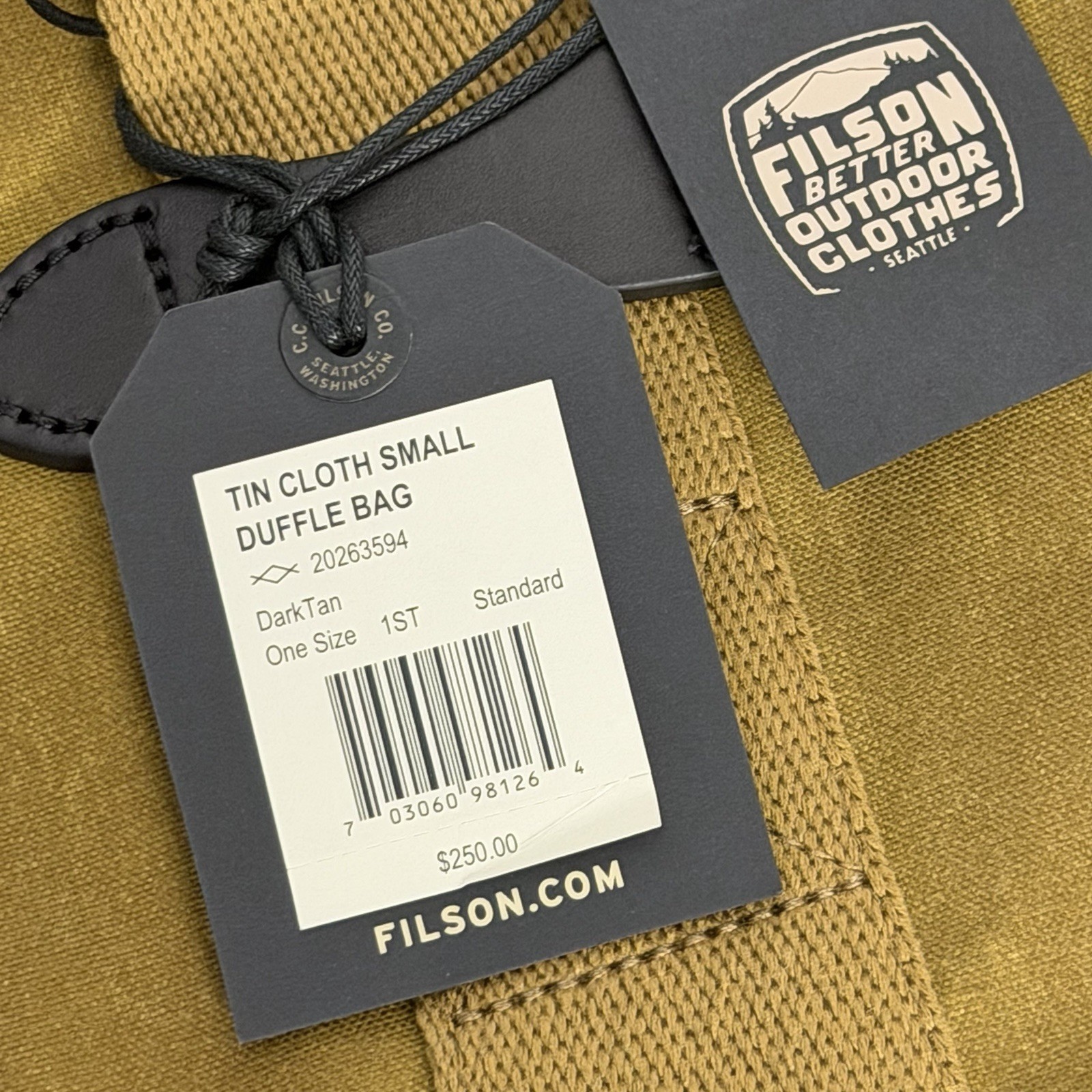 Filson Tin Cloth Small Duffle Bag Dark Tan New Gym Clothes Canvas Leather Handle