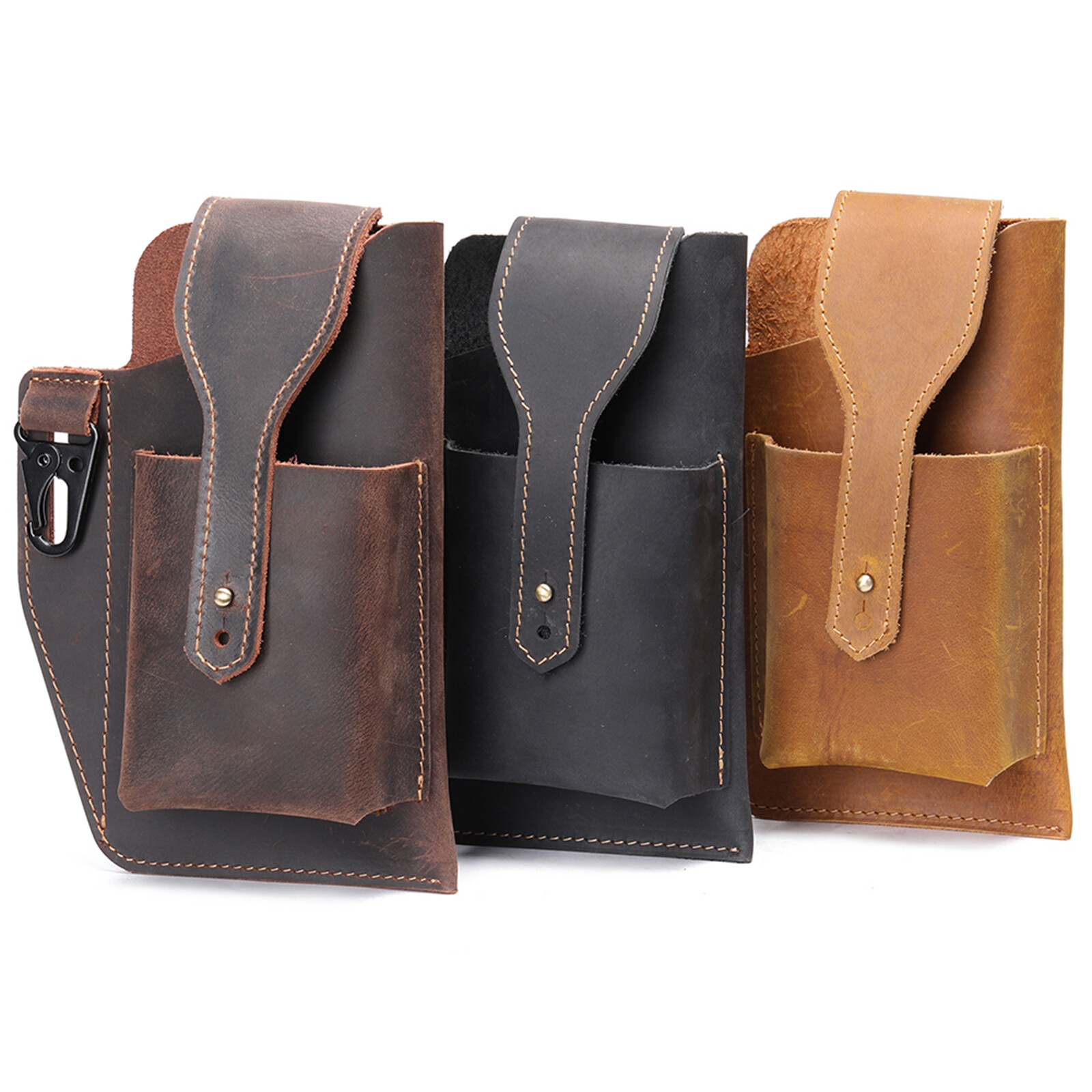 Men’s Leather Belt Pouch Phone Holder with Key Clip Vintage Waist Bag