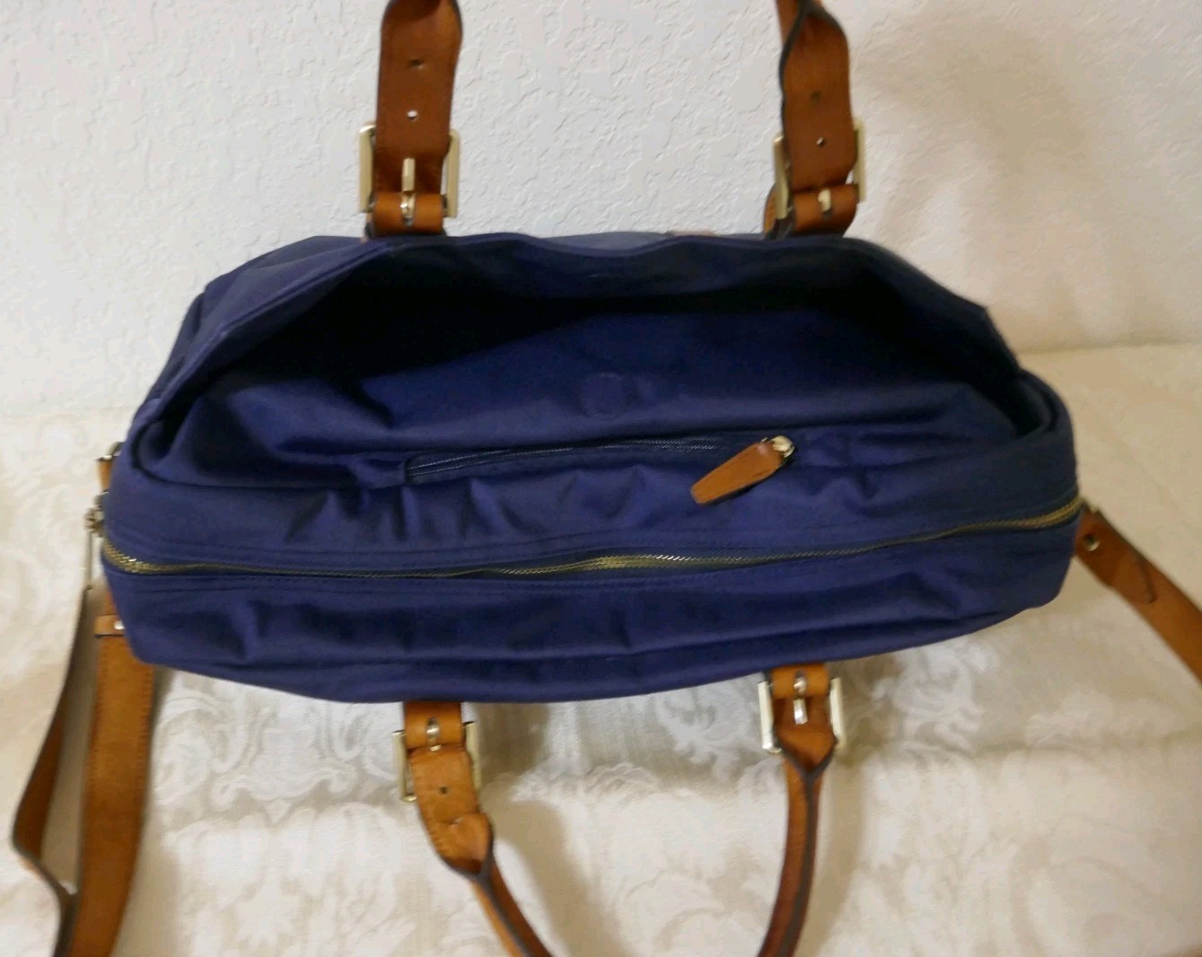 STUART O LAU The Cary Blue Nylon Briefcase Tan Leather Trim Red Interior