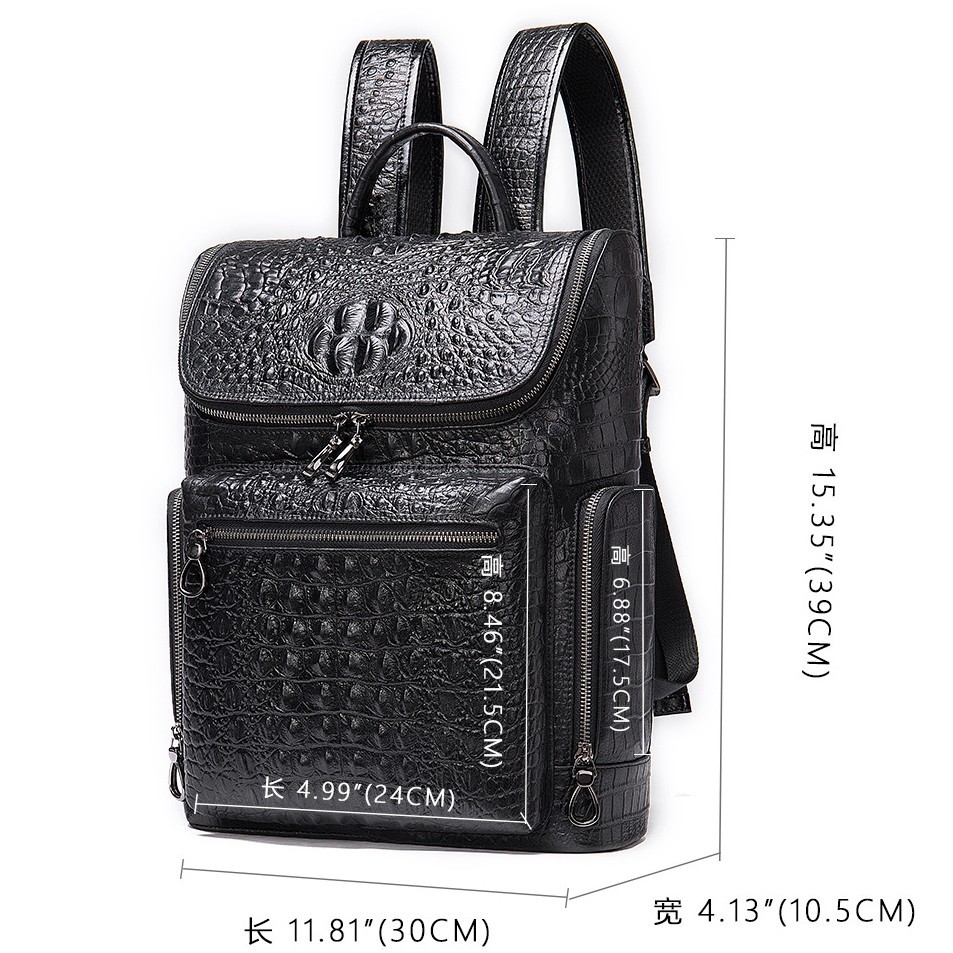 Top Cowhide Leather Men’s Backpack Crocodile Pattern Travel Bag 30 x 10.5 x 39cm