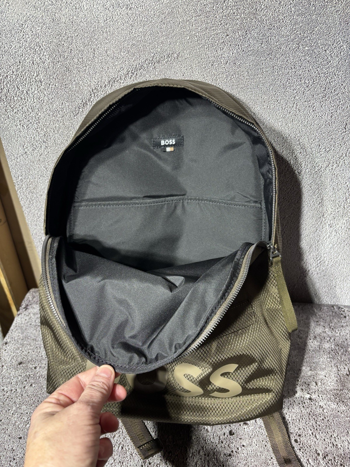 Hugo Boss Pixel R Backpack Tonal Logo Olive Brown Recycled Fabric NWT