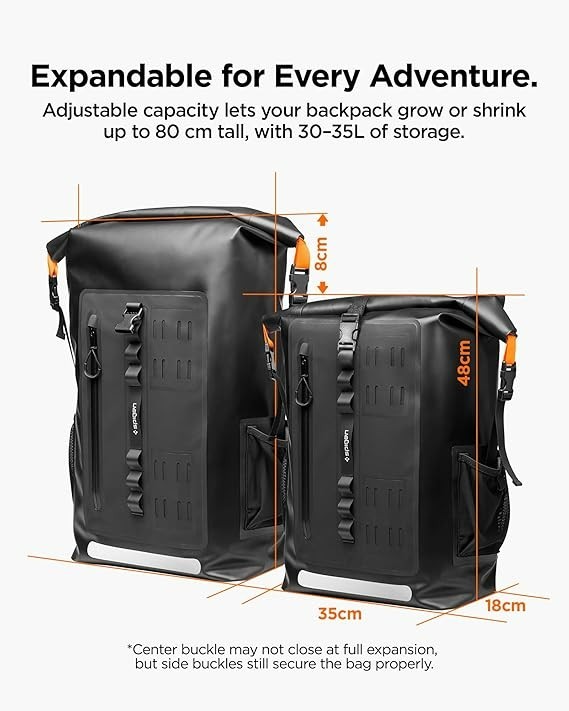 Spigen Waterproof Backpack IPX6 35L Roll Top Travel Rucksack Multi Compartment