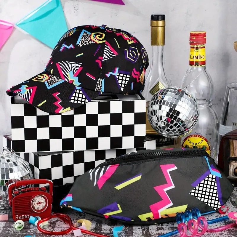 New 80’s 90’s Retro Hat Fanny Pack Waist Pack Earrings 3 Piece Set Costume Party