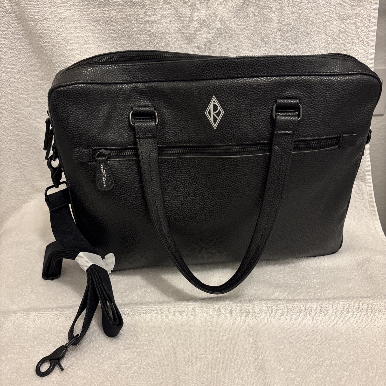 Ralph Lauren Black Briefcase Messenger Bag Laptop Case Faux Pebbled Leather NEW