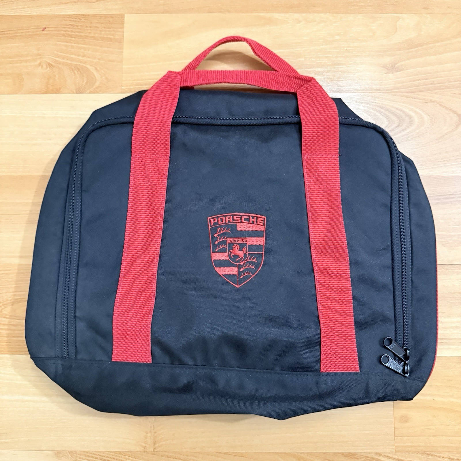 PORSCHE Vintage Nylon Duffle Bag Very Light Black Red Embroidered Logo YKK
