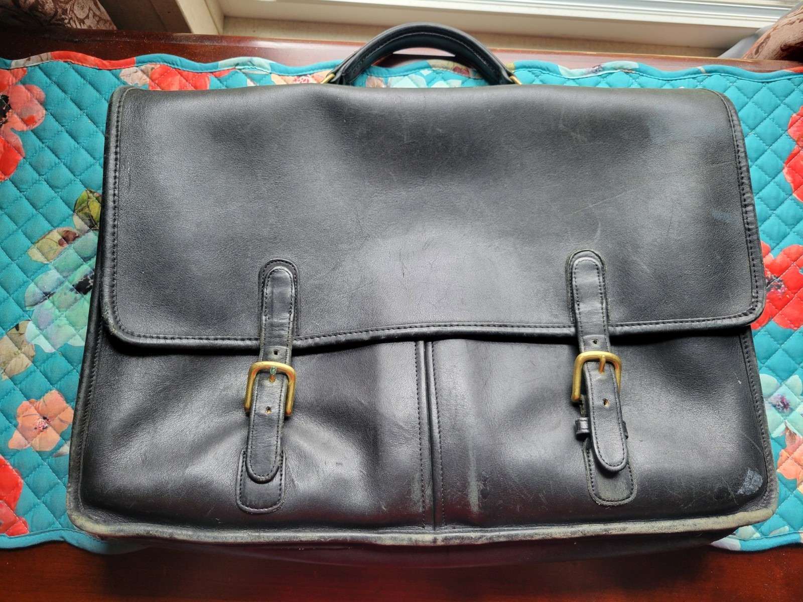 Vintage Coach Black Leather Briefcase Satchel Bag Clean Double Buckle *Needs TLC