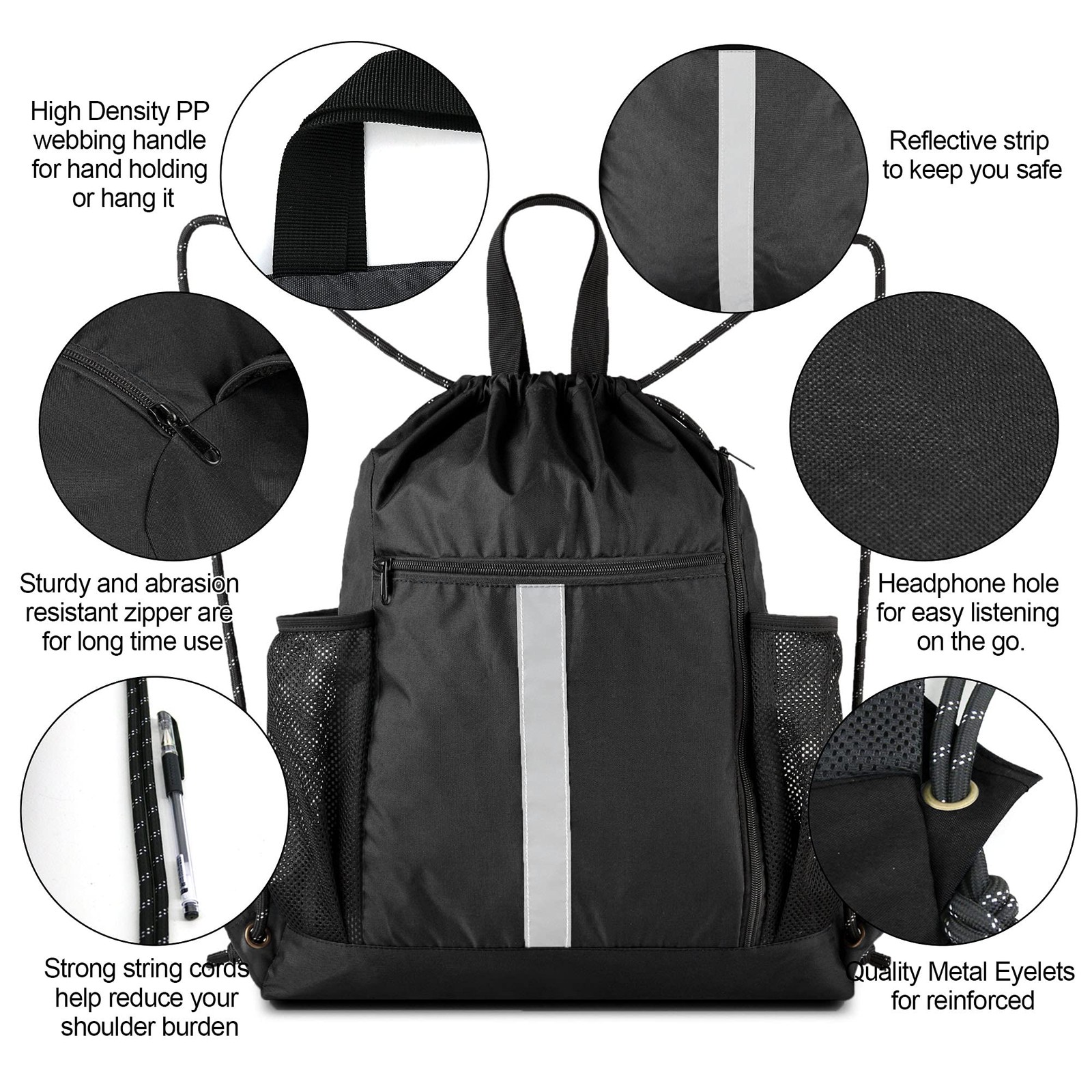 Drawstring Backpack Sports Gym Bag with Shoe Compartment and Two Water Bottle Ho