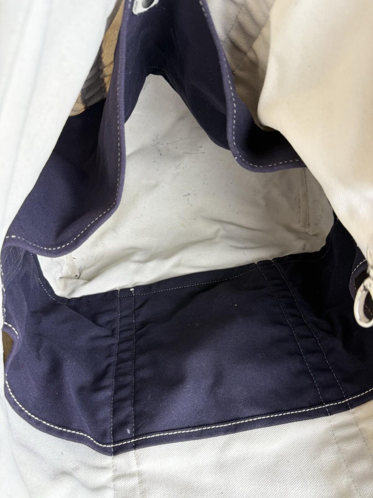 Vtg Extra Large Heavy Duty Canvas Lands End BOAT AND TOTE 100% Cotton Cream/Blue