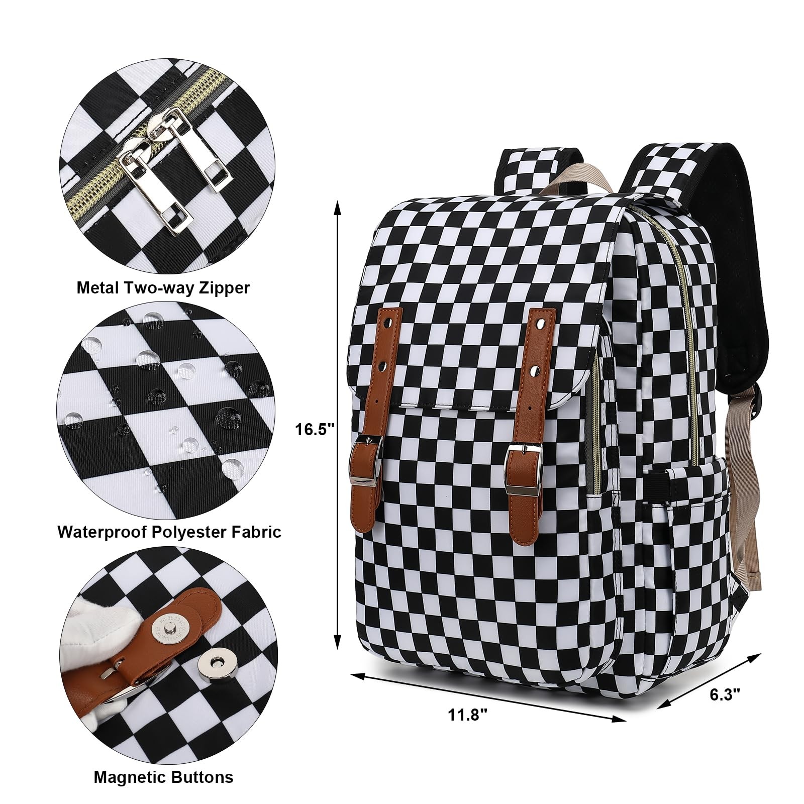 15.6 inch Checkered Laptop Backpack, Women, Girls, College, School, Travel