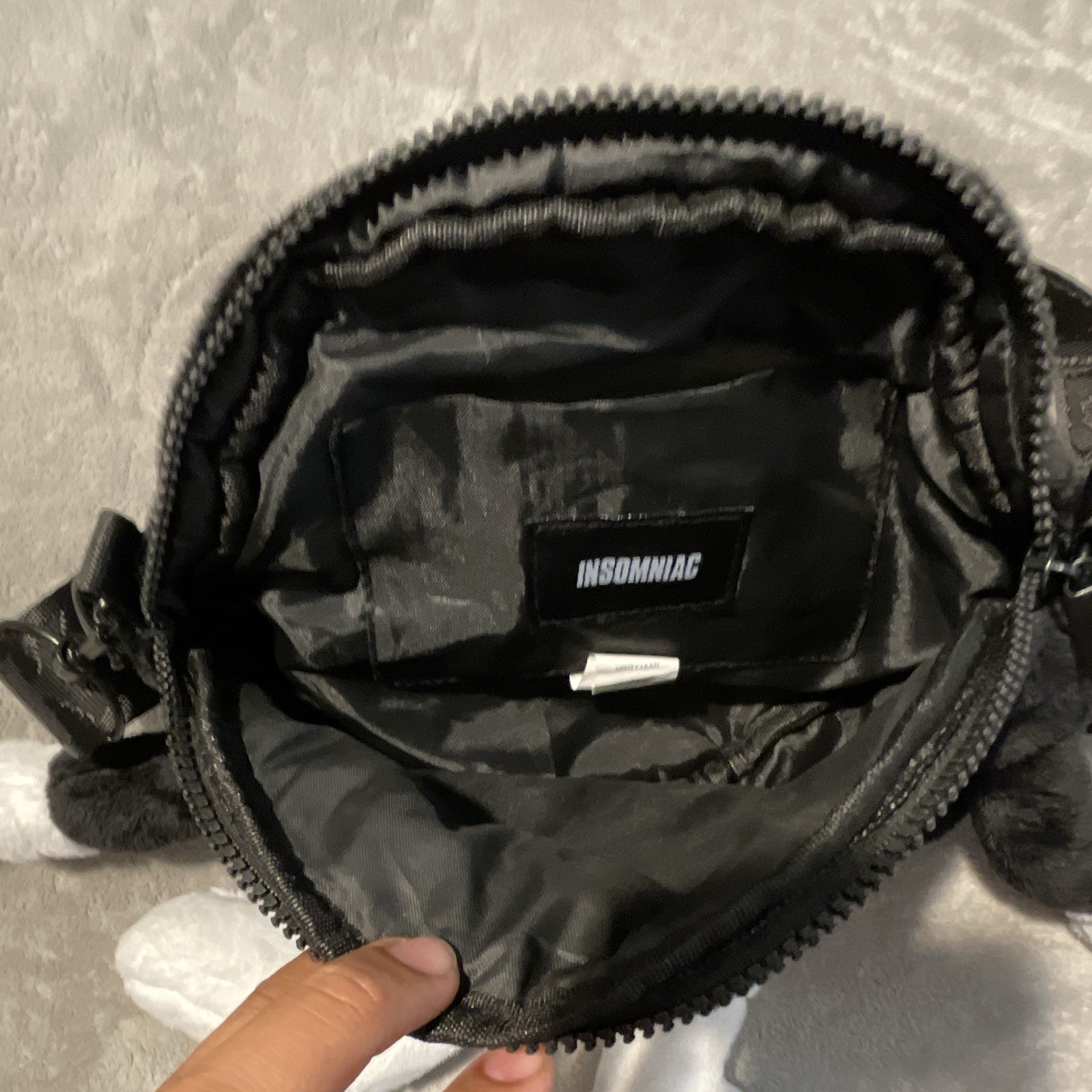 Insomniac Wavy Plush Crossbody Bag Black/White Zip, Adjustable Shoulder Strap
