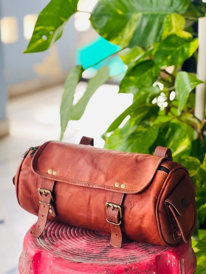 Men’s Comman Bag Leather Vintage 2 Strap Buckle Closure Tool Brown Bag
