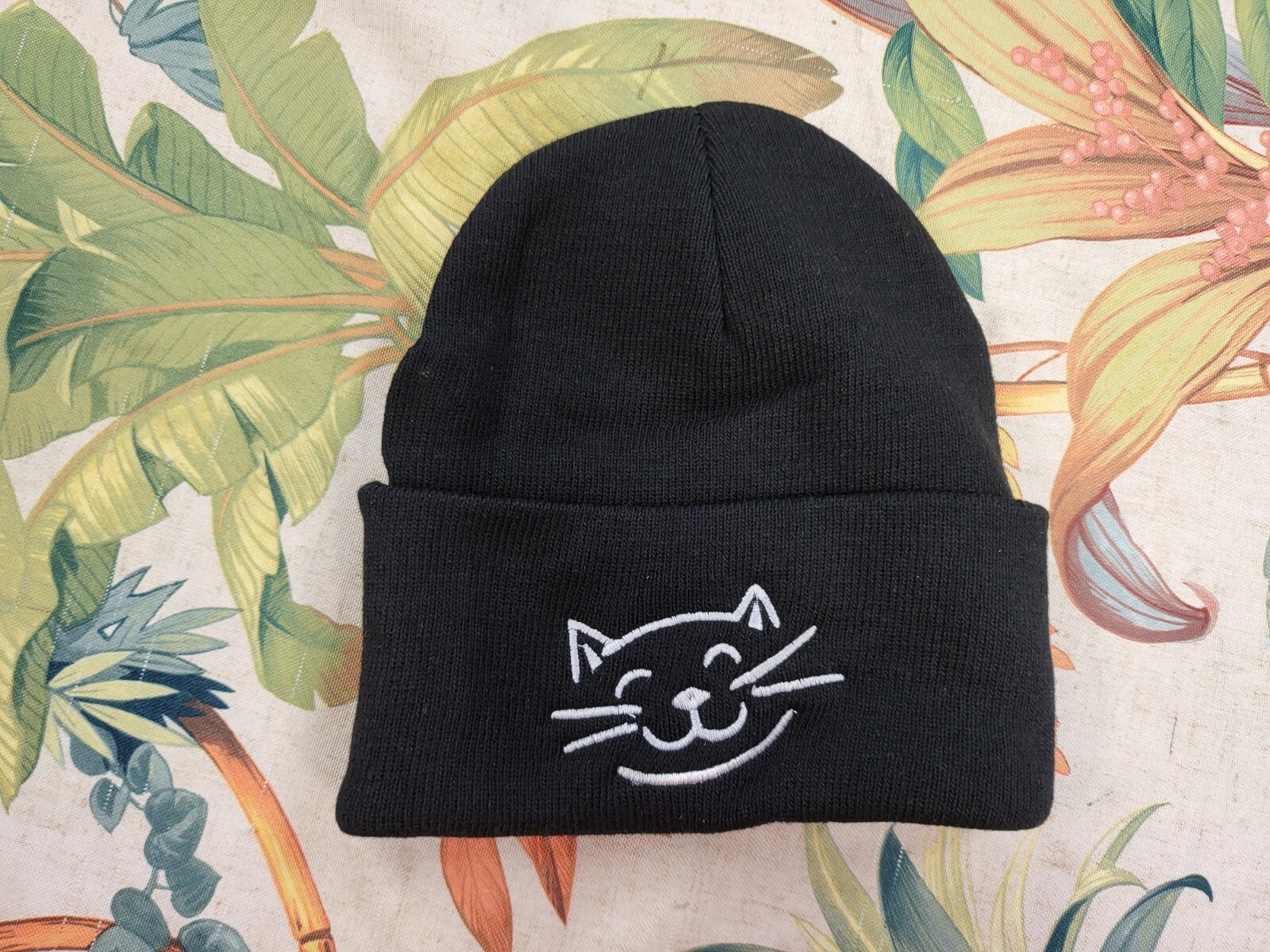 Smiling cat face embroidered black beanie hat, embroidery winter beanie