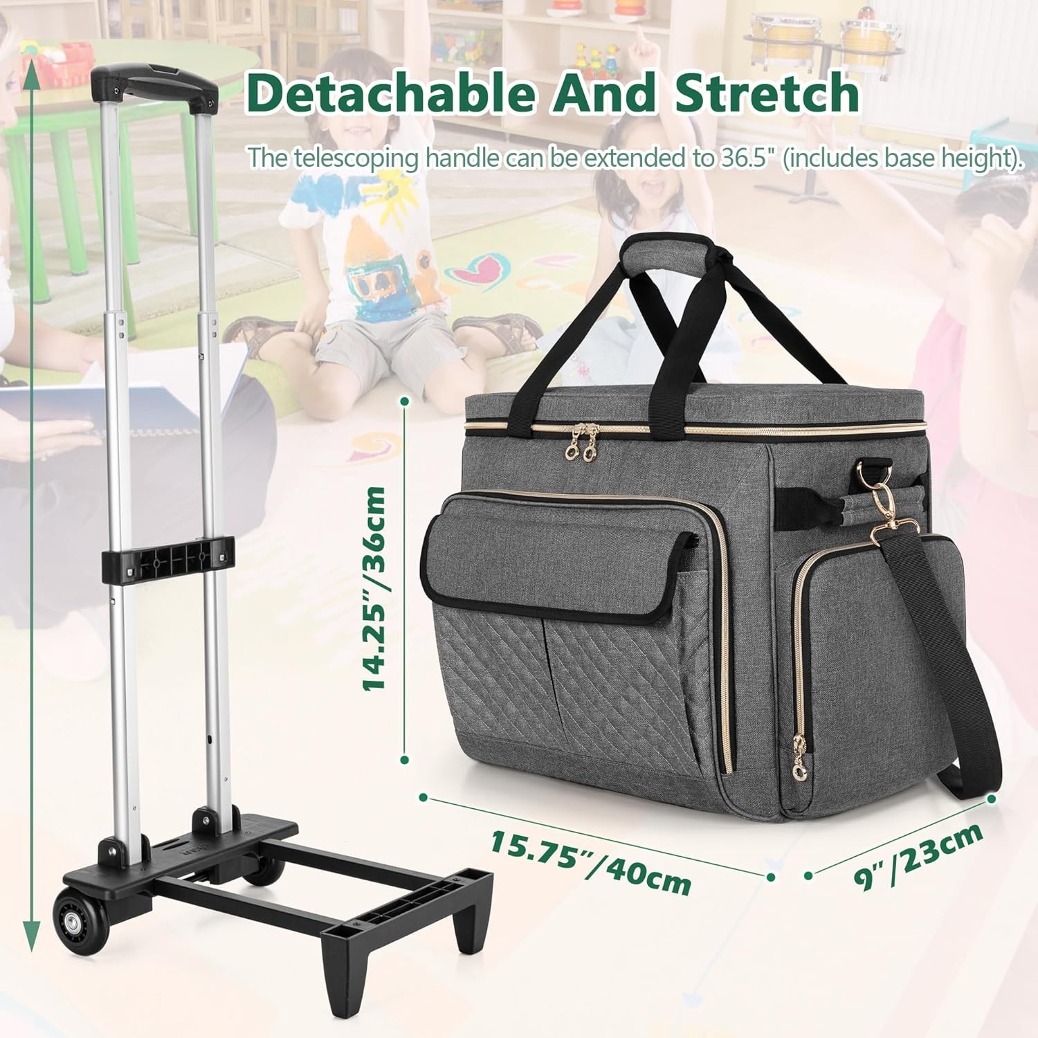 LUXJA Rolling Teacher Bag, Multifunctional Rolling Briefcase, Gray