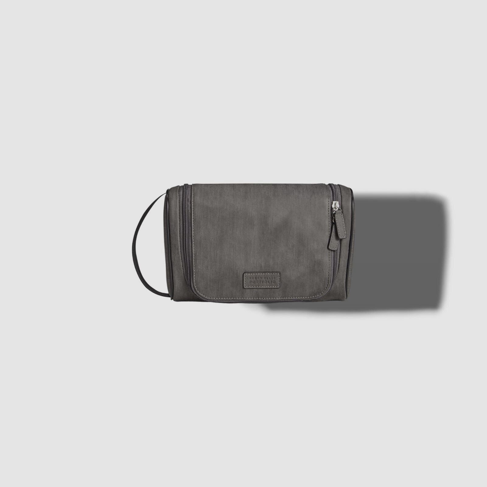 $47 Perry Ellis Men’s Gray Hanging Leather Two Bottle Wall Hook Shave Kit Bag