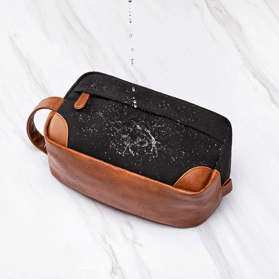 Water Resistant leather Canvas Shaving Bag Hanging Dopp Kit Toiletry Bag – Black