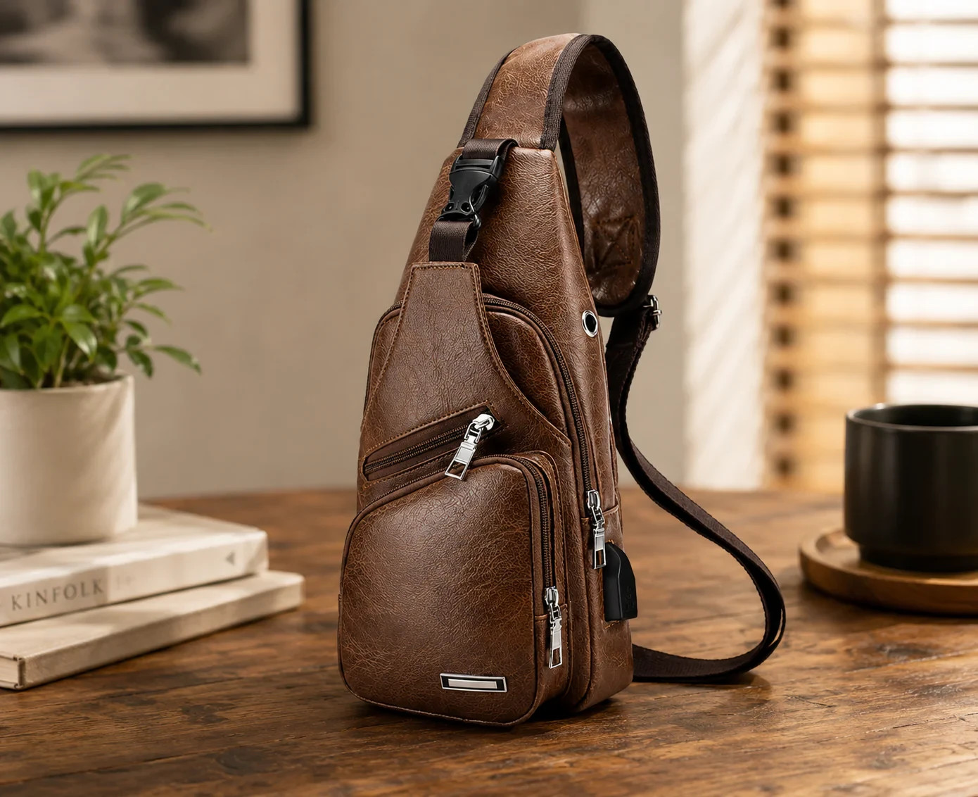 Men’s Brown Sling Backpack Crossbody Chest Bag with USB Charging Port