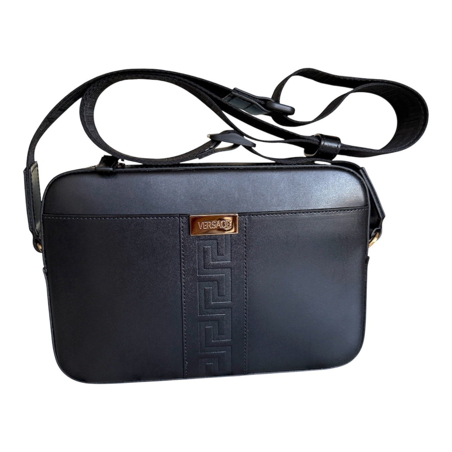 Versace Embossed Greca Black Box Leather Shoulder Bag Crossbody 1010737 Italy