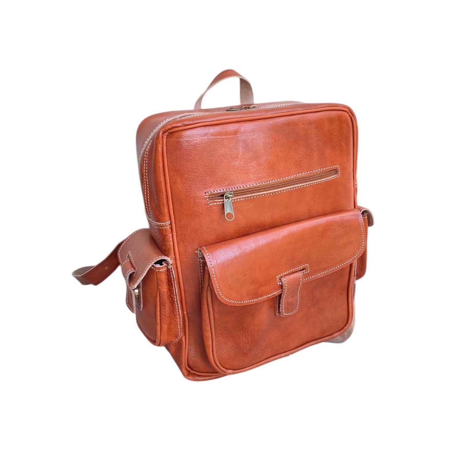Handcrafted Genuine Leather Square Backpack – Cognac | 38cm x 30cm