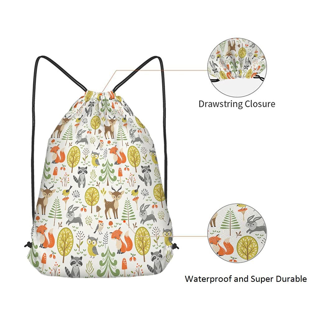 Cute Woodland Animals Drawstring Backpack Bag Waterproof Multicolor 14×16.9 In