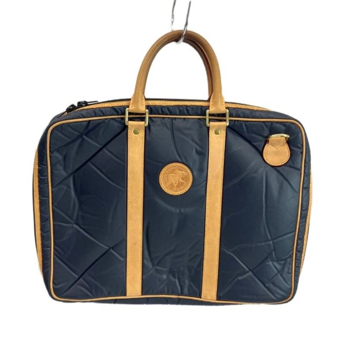 Hunting World Business Bag Briefcase Buteau Cross Leather Logo Navy Beige Used