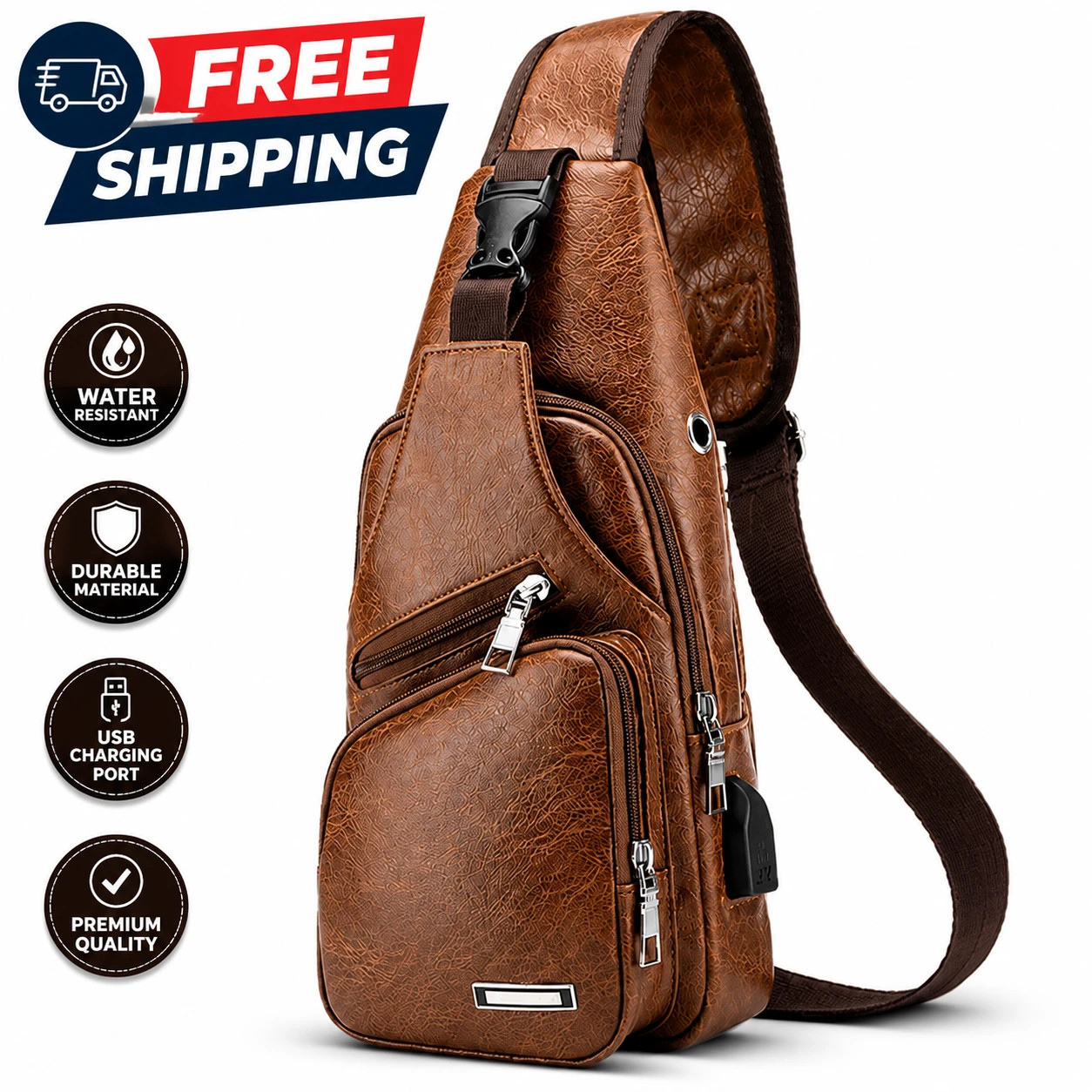 Brown Chest Crossbody Bag Sling Backpack for Men with USB Charge Port