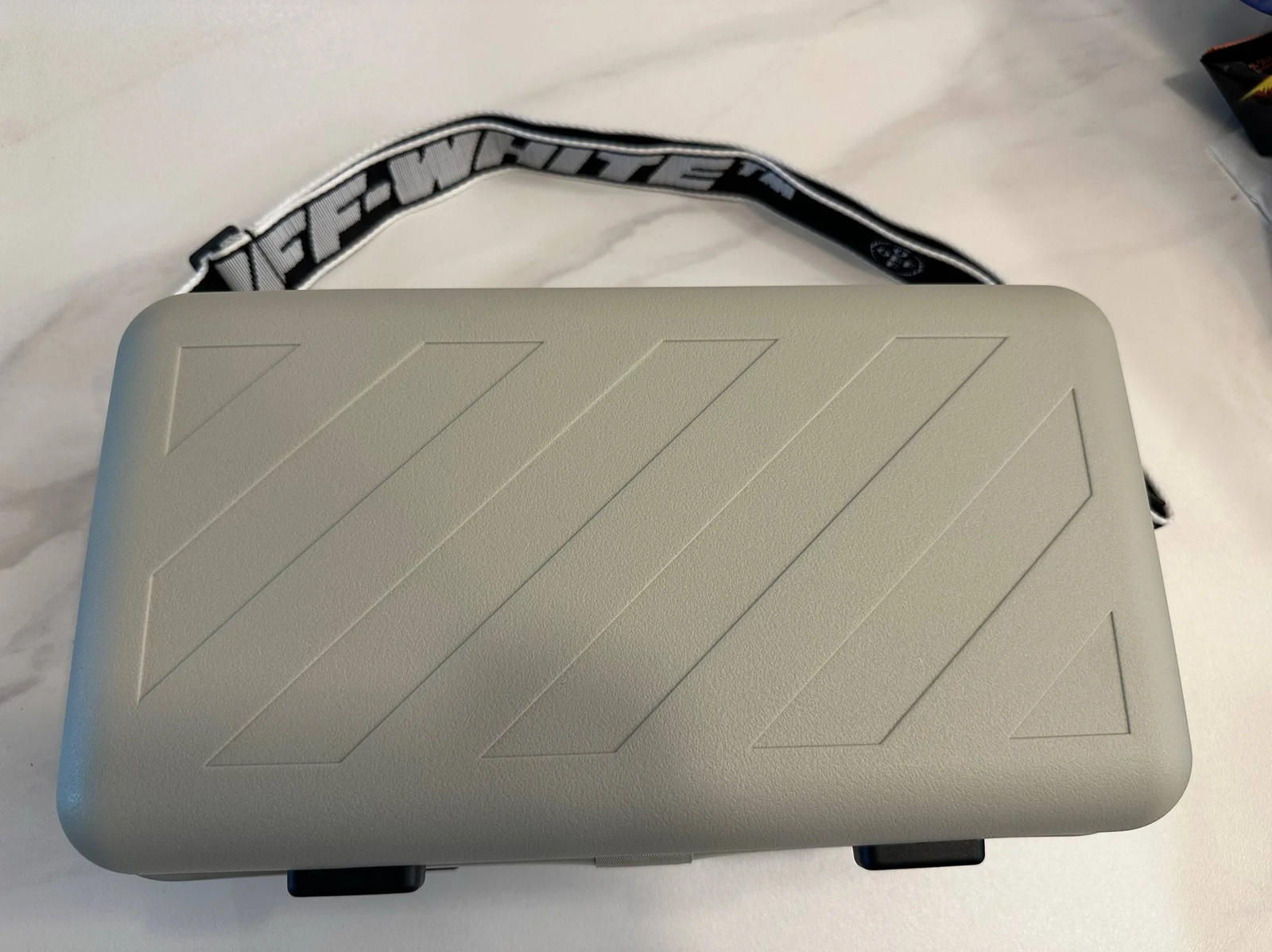 Off-White Hard Case Sling Crossbody Bag Gray Embossed Logo Strap Pre-Owned