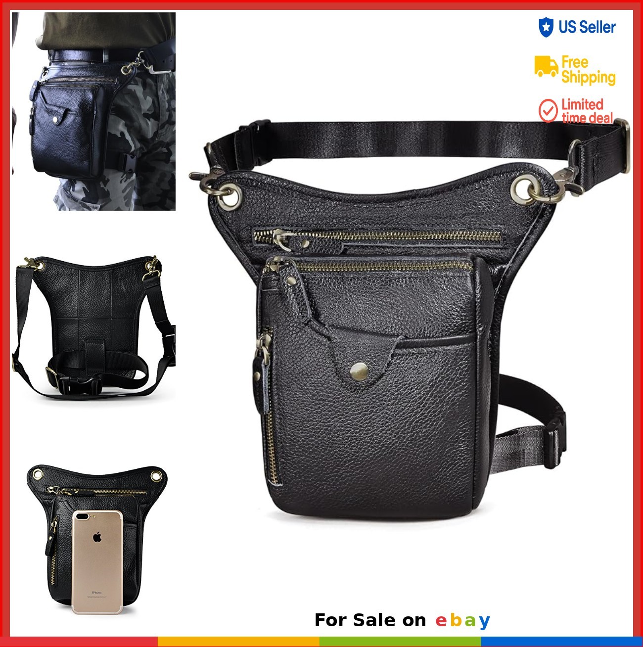 Genuine Leather Waist Pack 5.9×1.4×8.6 Inches Hiking Thigh Bag 4 Pockets Zipper