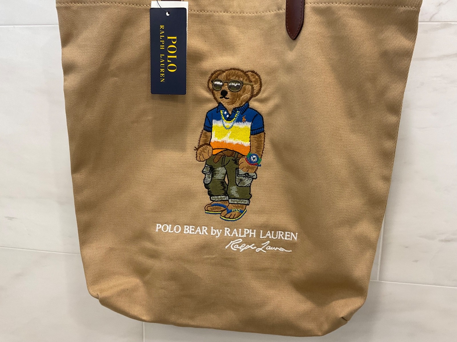 Polo Ralph Lauren Khaki Tan BEACH SHOP BEAR Cotton Twill Embroidered Tote Bag