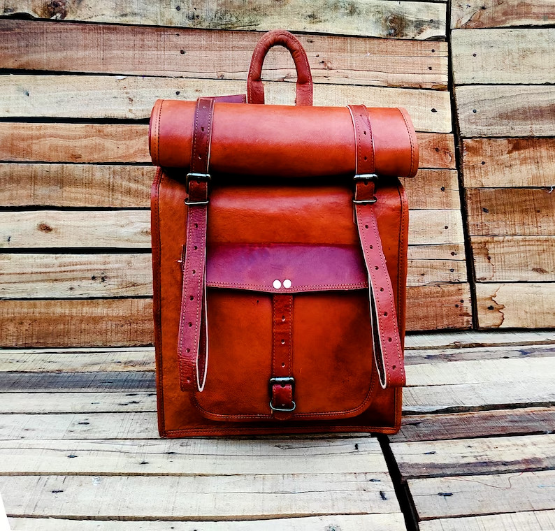 Leather Roll Top Backpack Large Leather Backpack 24in Weekender Leather Backpac