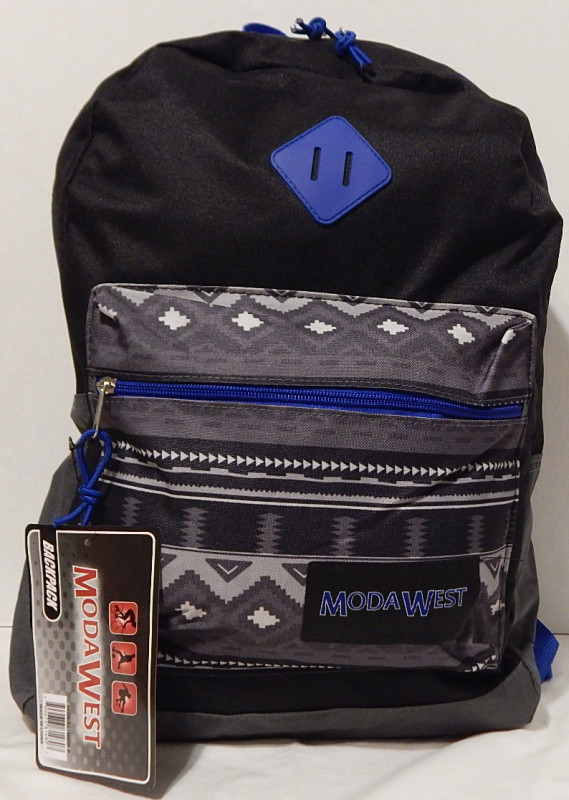 Backpack Basic Style Tribal Stripes Design Black Grey and Blue Trim 17 x 5 x 12