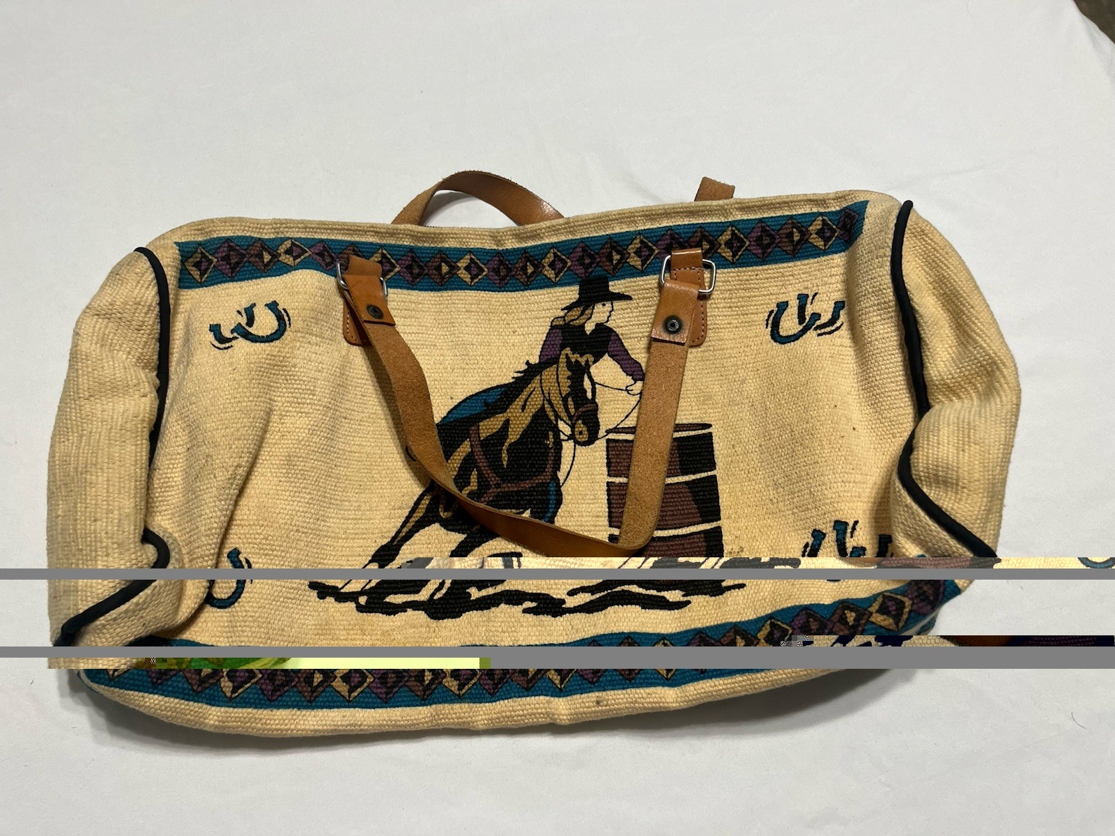 El Paso Saddleblanket Southwestern Duffel Bag Horse Rider Leather Handles VTG