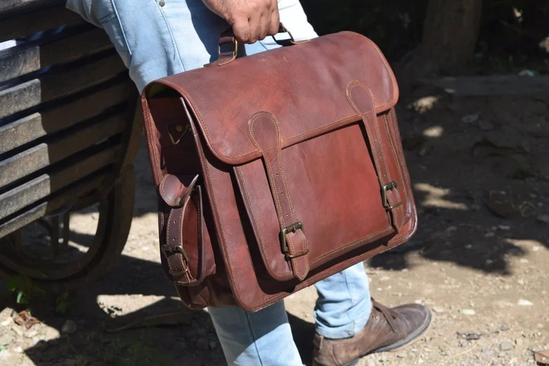 Men’s Genuine Leather Laptop Messenger Bag – Handmade Vintage Briefcase Satchel