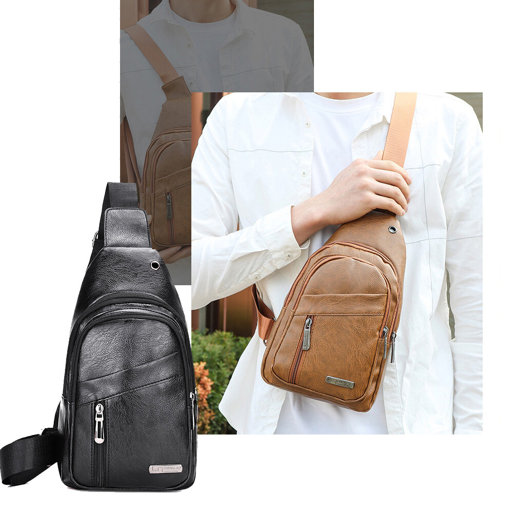 Men Crossbody Bag PU Leather Chest Bag Travel Leisure Bag Mobile Phone Bag Gift