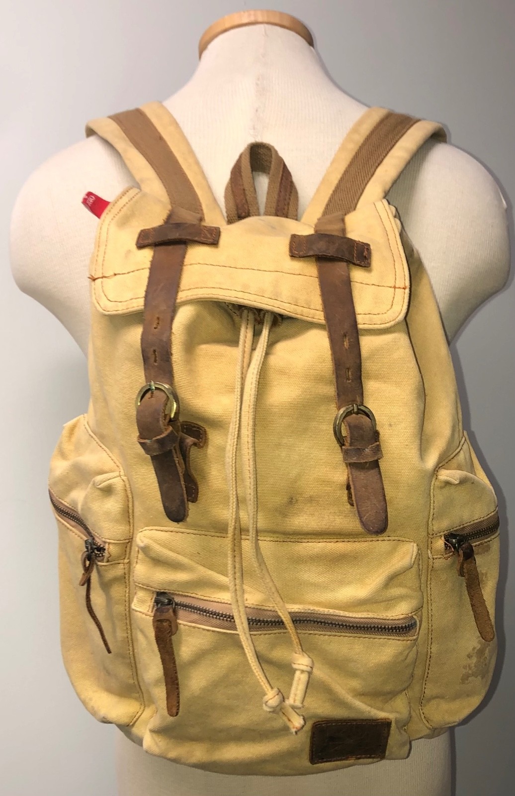 AUGUR STRAUSS & CO KHAKI BEIGE CANVAS W BROWN LEATHER TRIM BACKPACK LAPTOP BAG