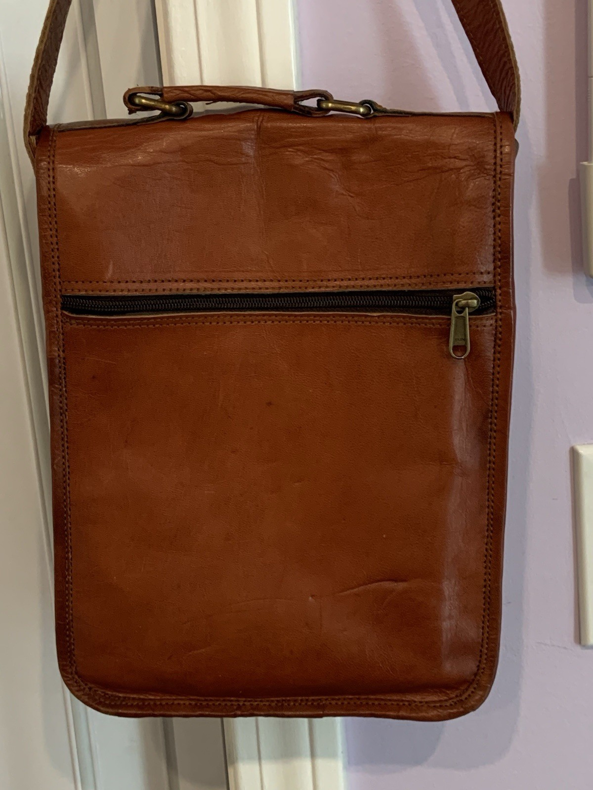 Leather Satchel Cross Body Shoulder Strap Top Handle Canvas Lined Durability EUC