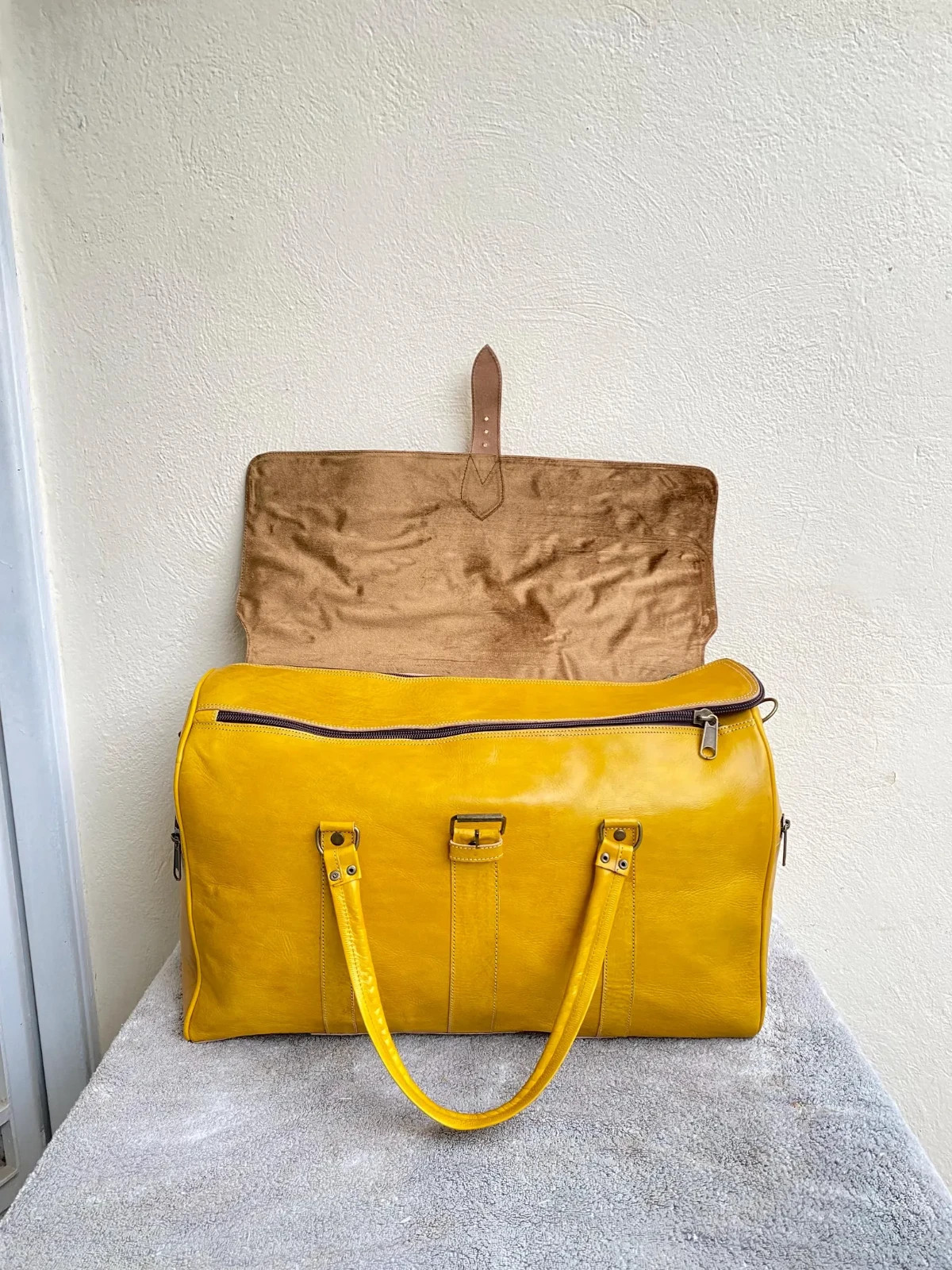 Handcrafted Genuine Leather Travel Bag – Yellow Moroccan Duffel Bag | 55 cm