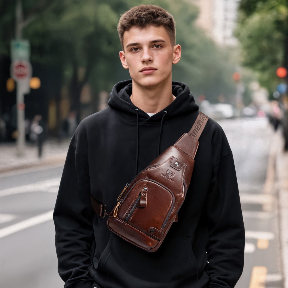 Men Chest bag Shoulder Bag Sling Backpack Crossbody Bag 100% Genuine Leather US