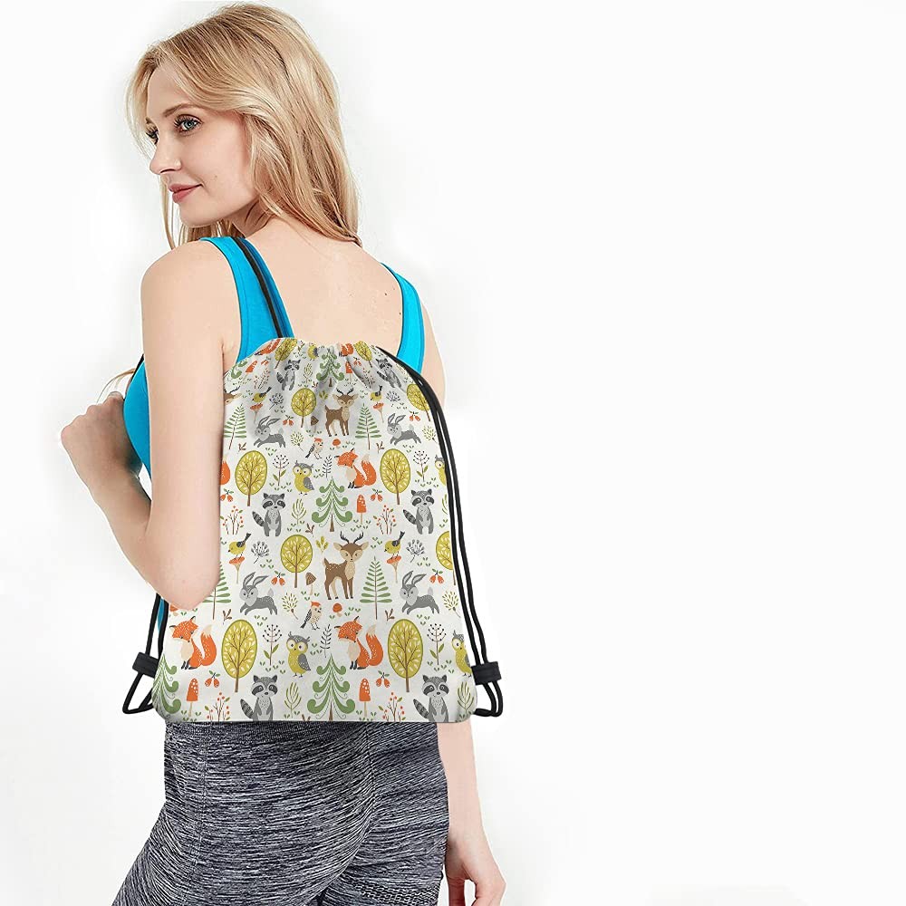 Cute Woodland Animals Drawstring Backpack Bag Waterproof Multicolor 14×16.9 In