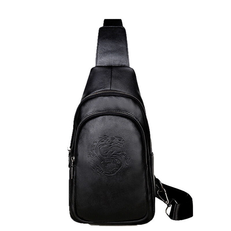 Genuine Leather Sling Backpack, Black Men‘s Crossbody Chest Bag Causal Daypack