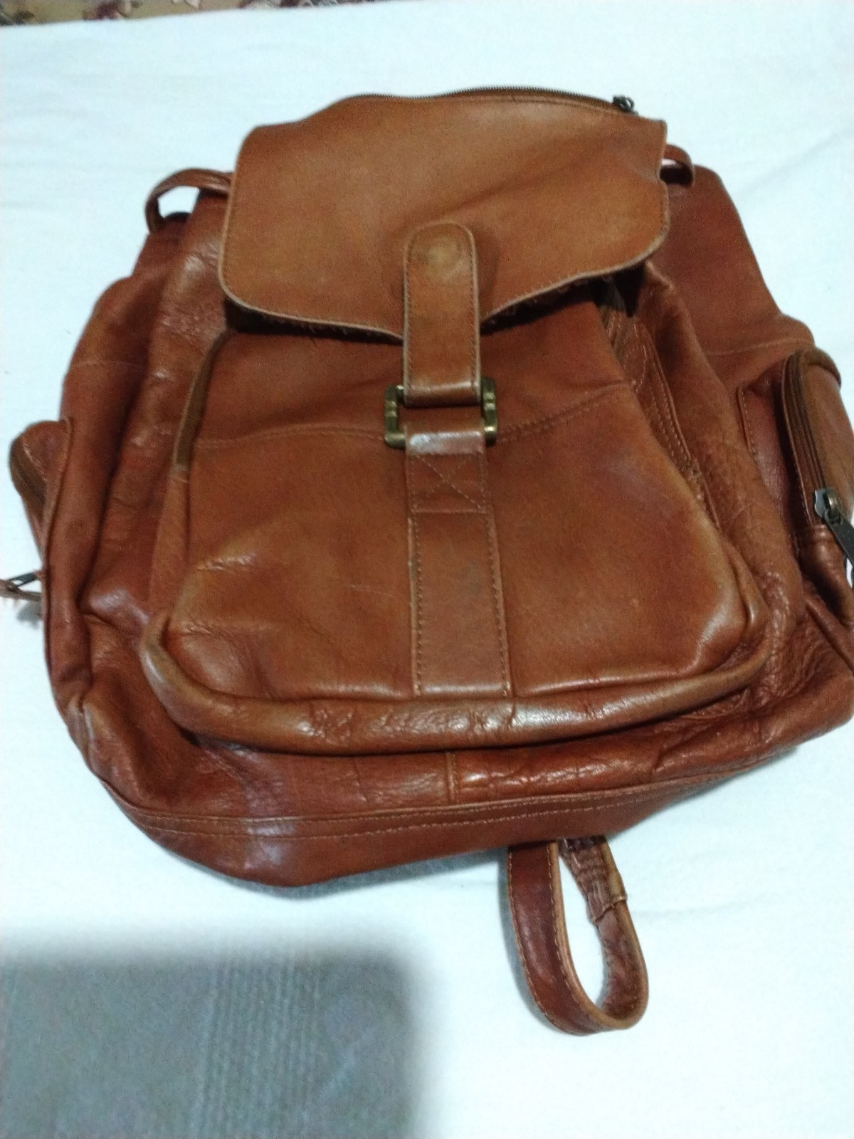 Vintage Brown Leather Backpack,From Columbia South America Drawstring &Snap READ
