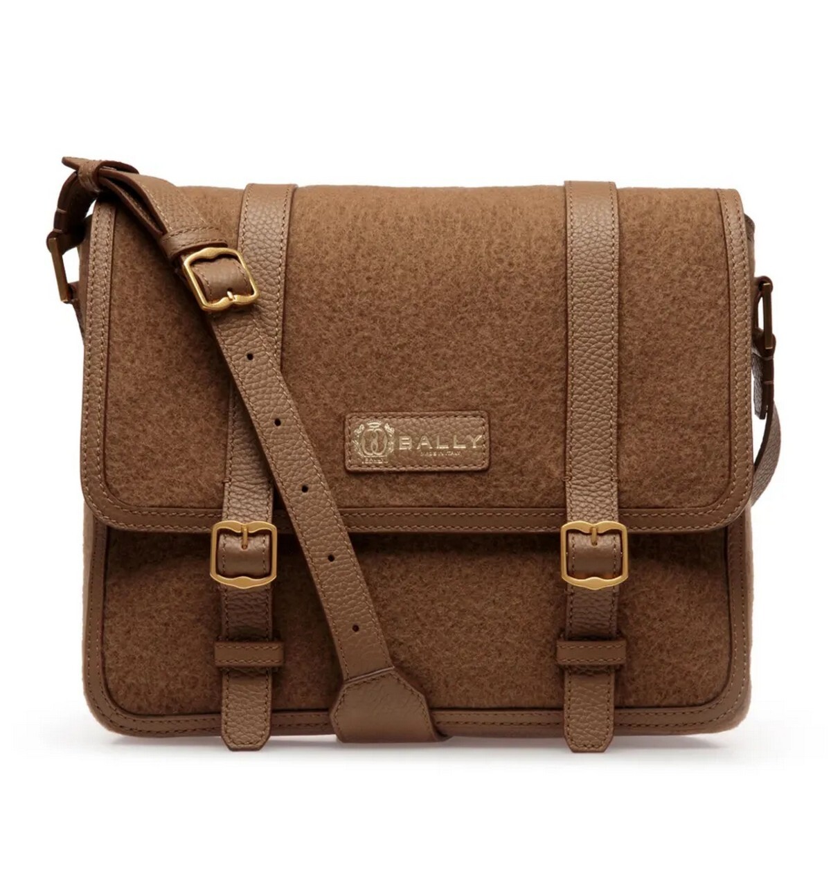 NO CUSTOMS TAX BALLY Switzerland camel brown wool cashmere leather messenger bag