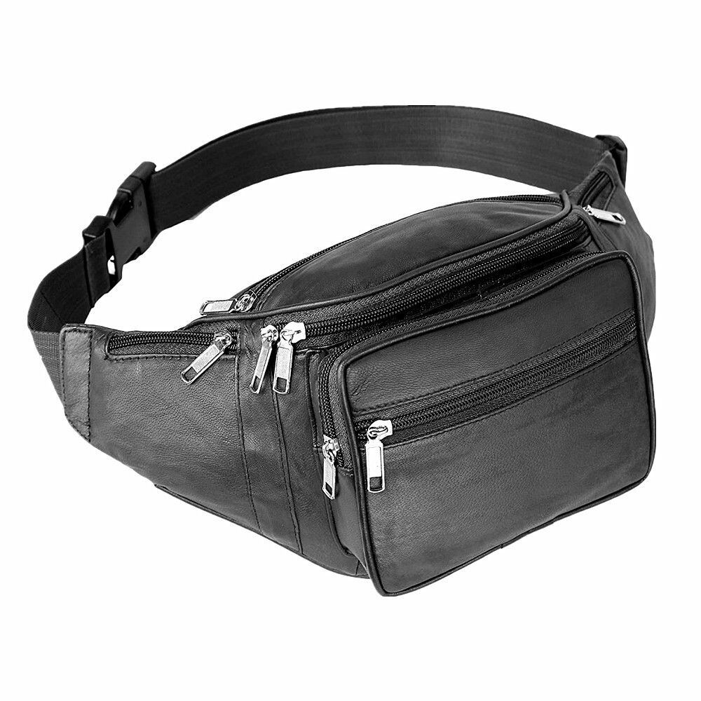Genuine Leather Multi Zippered Fanny Pack Waist Bag Hip Belt Purse Outdoor Pouch