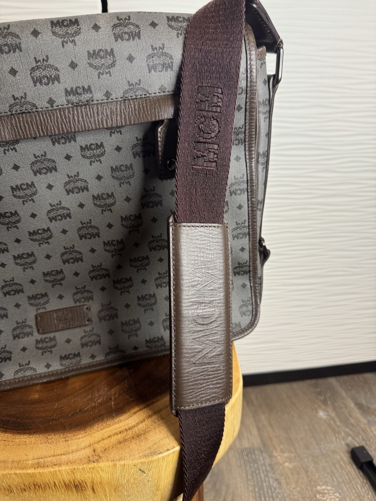 Authentic MCM Visetos Messenger / Crossbody Bag (Grey/Dark Brown)