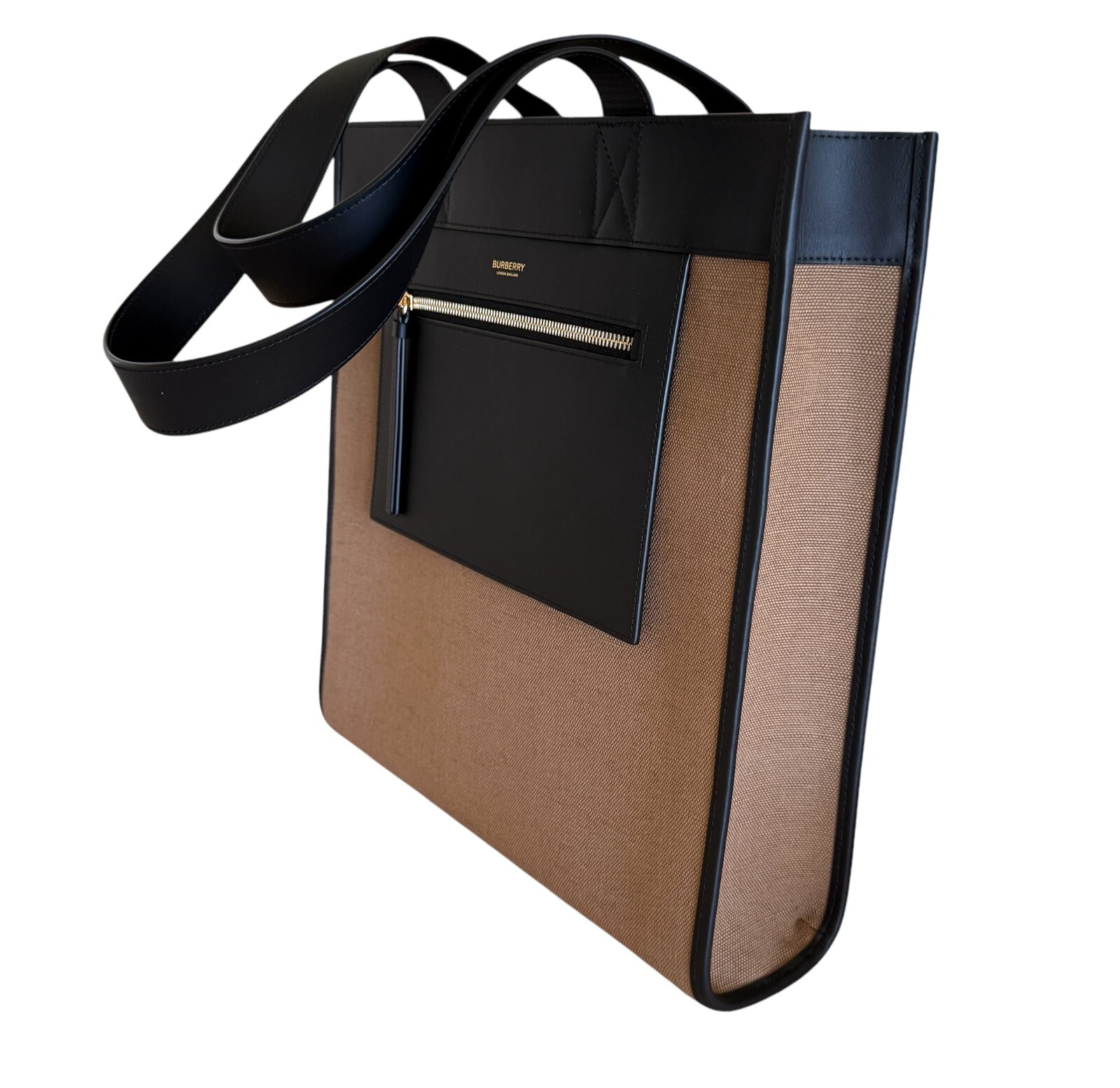 Burberry Camel Fabric and Black leather Medium Tote Bag, 8093452