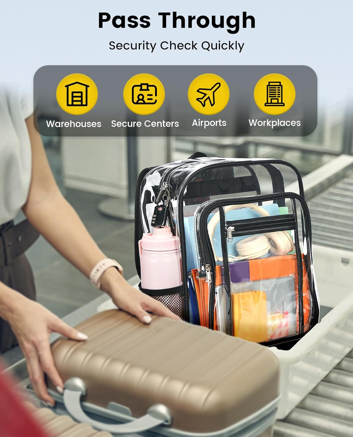 Clear Heavy Duty Backpack Extra Large Transparent Bookbag w TSA Lock Black