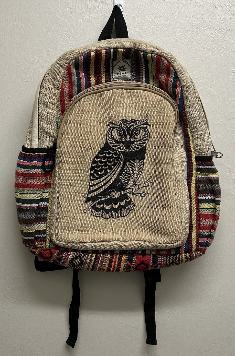 Himalayan Hemp THC Free Handmade Backpack Unisex Owl Multi Colors Boho Hippie