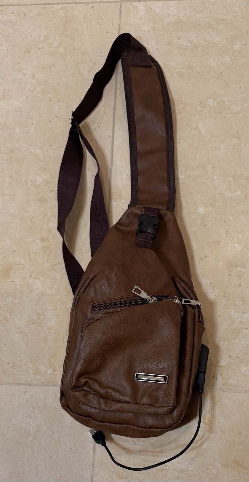 Unisex Adult Shoulder Crossbody Sling Bag Brown Synthetic Leather USB Opening