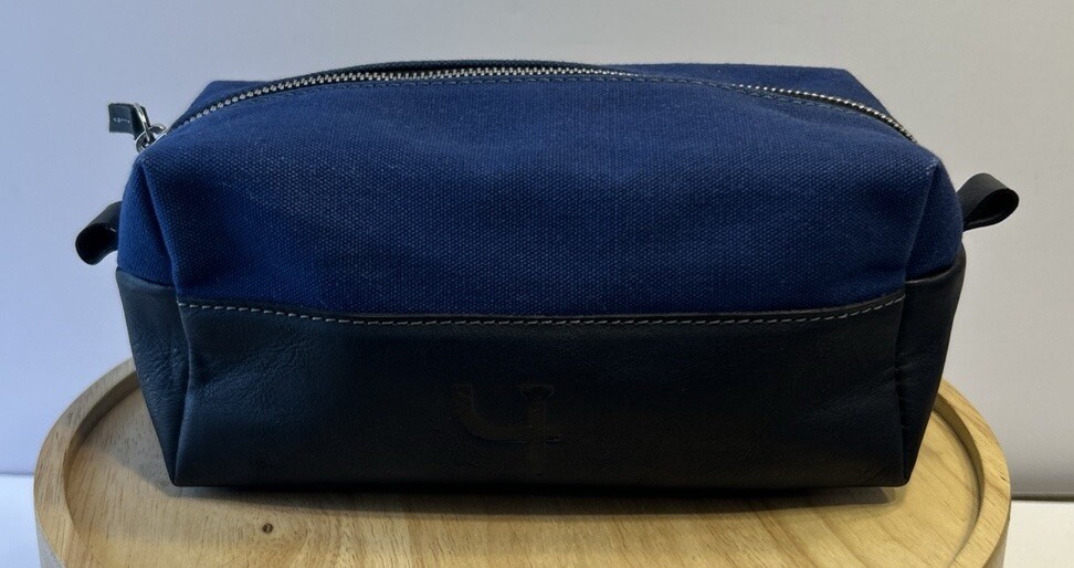 F H Wadsworth men’s toiletry bag blue canvas black leather Travel Bag 10”x4.5”